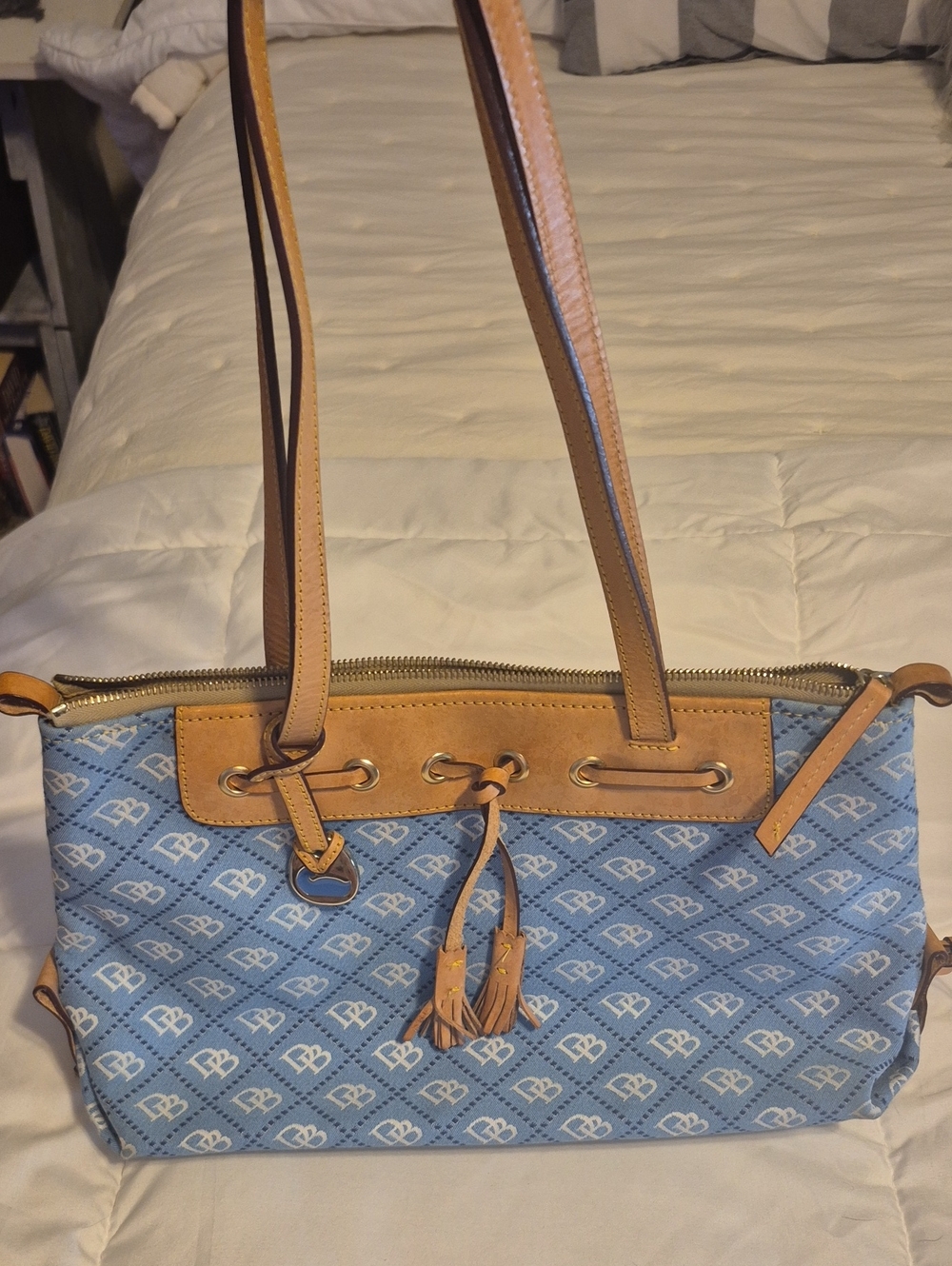 Dooney & Bourke Light Blue Signature Monogram Tote with Tan Trim